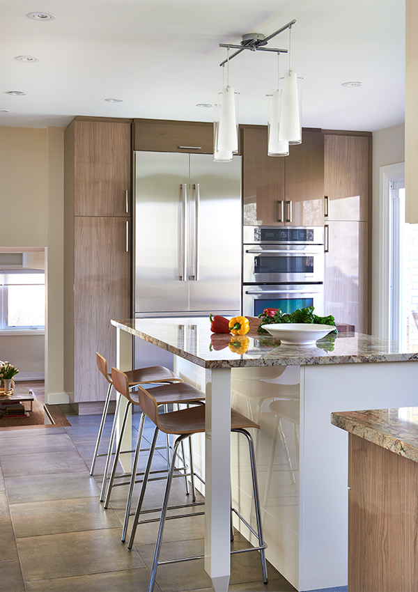 midcentury modern kitchen with statement lighting interior design by Linda Mazur
