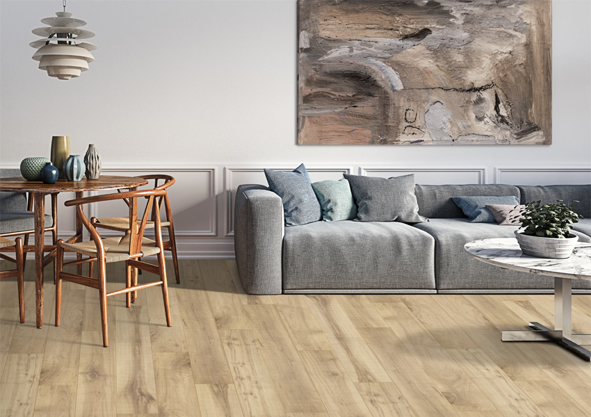 laminate flooring in living room with decor.